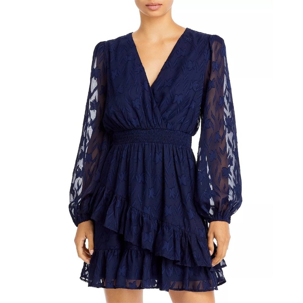 AQUA Asymmetrical Ruffle Long Sleeve Mini Dress - Navy - NWT - Size XS